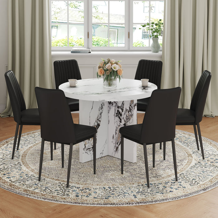 7 Piece Round Dining Table Set, Modern Round Table And 6 Upholstered Chairs For Dining Room, Kitchen Room, Living Room - White / Black