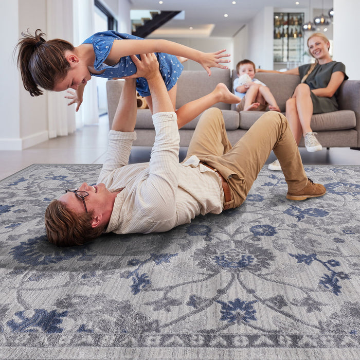 5' x 7' Oriental Non-Shedding Living Room Bedroom Dining Home Office Stylish And Stain Resistant Area Rug - Blue / Silver