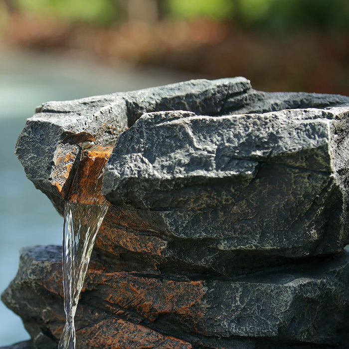 5 Tier Polyresin Fountain, Natural Rock Stone Water Feature For Patio & Backyard, Large Freestanding Fountain With LED Light - Gray