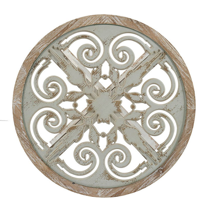 Round Wooden Carved Table, Distressed Finish Design - Antique White