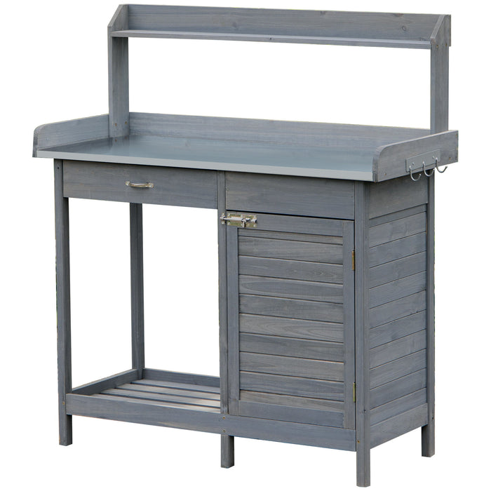 Outsunny - Outdoor Potting Bench Table, Garden Work Station With Storage Cabinet, Open Shelf And Steel Tabletop - Gray