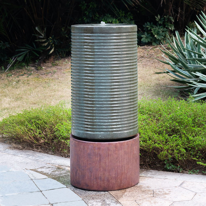 Tall Large Round Ribbed Tower Water Fountain, Verge Bronze, Cement Outdoor Bird Feeder / Bath Fountain