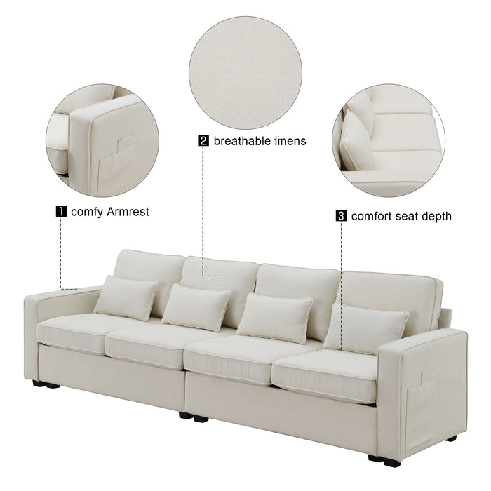 4 Seater Modern Linen Sofa With Armrest Pockets And 4 Pillows, Minimalist Style Couch For Living Room