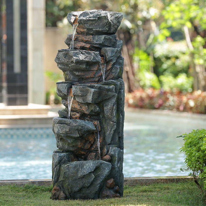 5 Tier Polyresin Fountain, Natural Rock Stone Water Feature For Patio & Backyard, Large Freestanding Fountain With LED Light - Gray