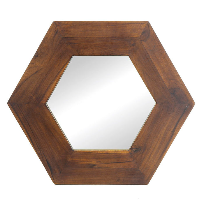 Hexagon Mirror With Natural Wood Frame, Wall Decor For Living Room Bathroom Hallway