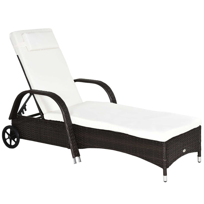 Outsunny - Wicker Outdoor Chaise Lounge, 5-Level Adjustable Backrest Pe Rattan Pool Lounge Chair With Wheels, Cushion & Headrest - Brown / Cream White