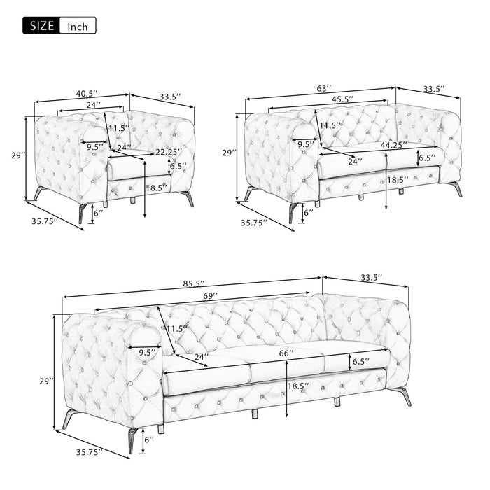 3 Piece Sofa Sets Modern With Sturdy Metal Legs, Velvet Upholstered Couches Sets Including Three Seat Sofa, Loveseat And Single Chair For Living Room Furniture Set