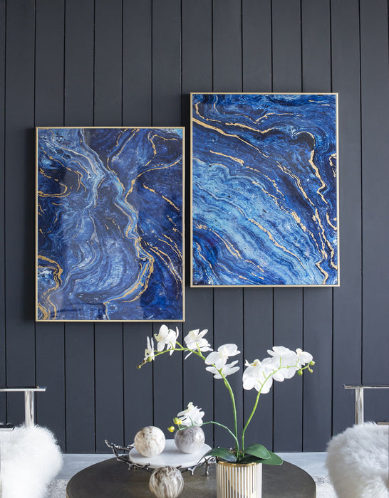 Framed Art Panels, Unique Marbled Design (Set of 2) - Blue / Gold