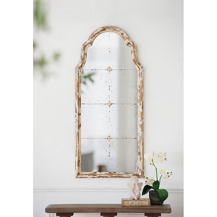 Large Framed Wall Mirror, Wood Arched Mirror With Decorative Window Look For Living Room, Bathroom, Entryway - Cream / Gold